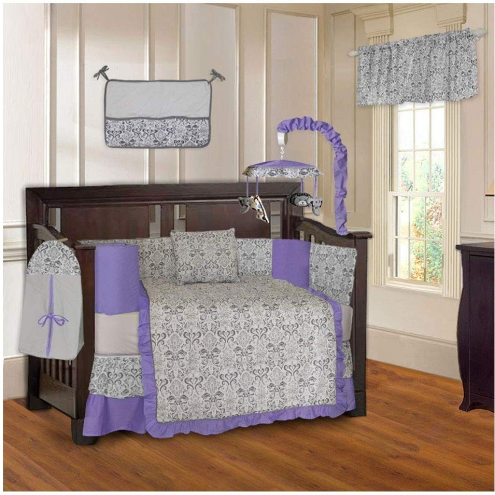 Grey and Purple Damask Print Crib Bedding Newborn Baby Frilly Pastel